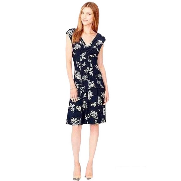 Vintage Lauren Ralph Lauren Dress Sz 4 Navy Floral Stretch Spring  Coastal - Picture 1 of 7